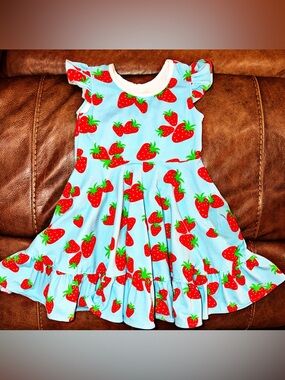 Eleanor Rose Strawberry Print Light Blue Ruffle Dress